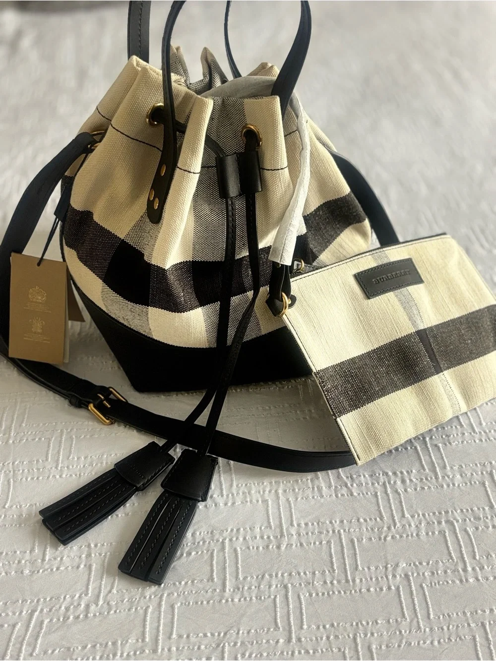 Burberry Black and Cream Check Bucket Crossbody with Pouch
